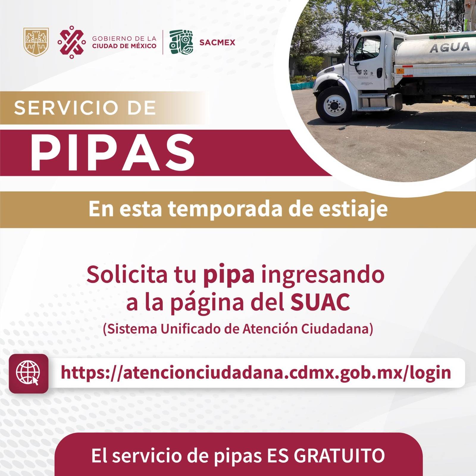 Ante la temporada de estiaje, Sacmex pone pipas a disposición de la ciudadanía